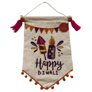 Happy Diwali Colorful Sequin Beaded Tassel Orange Pom Fringed Cotton Banner NWT